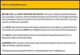 Label with a yellow heading "This is a consumer device." Followed by "Before use, you must register this device..."