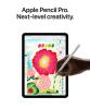 The Apple Pencil Pro with next-level creativity being held over an iPad Air.