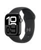 The Apple Watch Series 10 42mm Jet Black Aluminum viewed from the front at an angle to show the band.